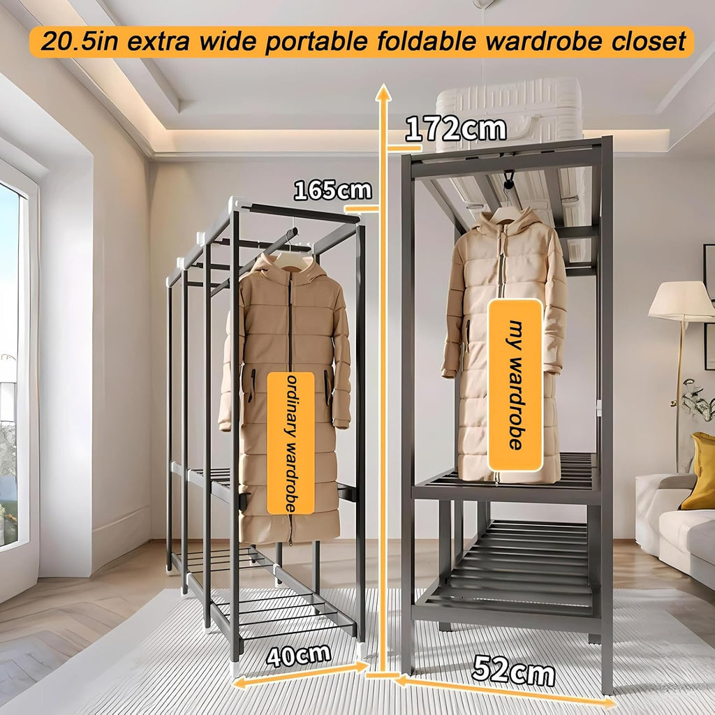 Foldable Portable Closet Wardrobe on Wheel Heavy Duty Metal Clothing Rack with Cover Freestanding Armoire Storage System Rolling Garment Racks for Hanging Clothes (C,Grey Cover, 66.1in/168cm)