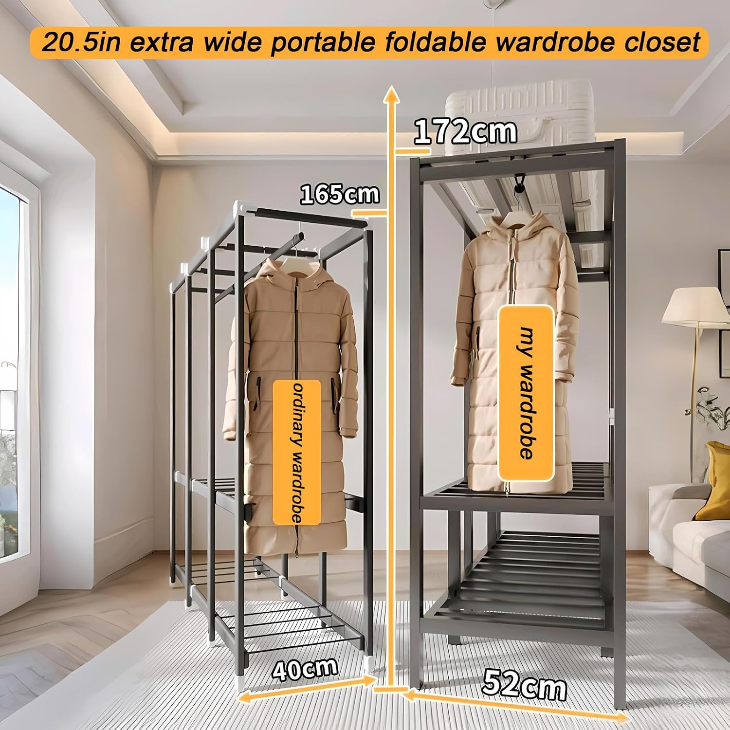 Foldable Portable Closet Wardrobe on Wheel Heavy Duty Metal Clothing Rack with Cover Freestanding Armoire Storage System Rolling Garment Racks for Hanging Clothes (C,Grey Cover, 66.1in/168cm)