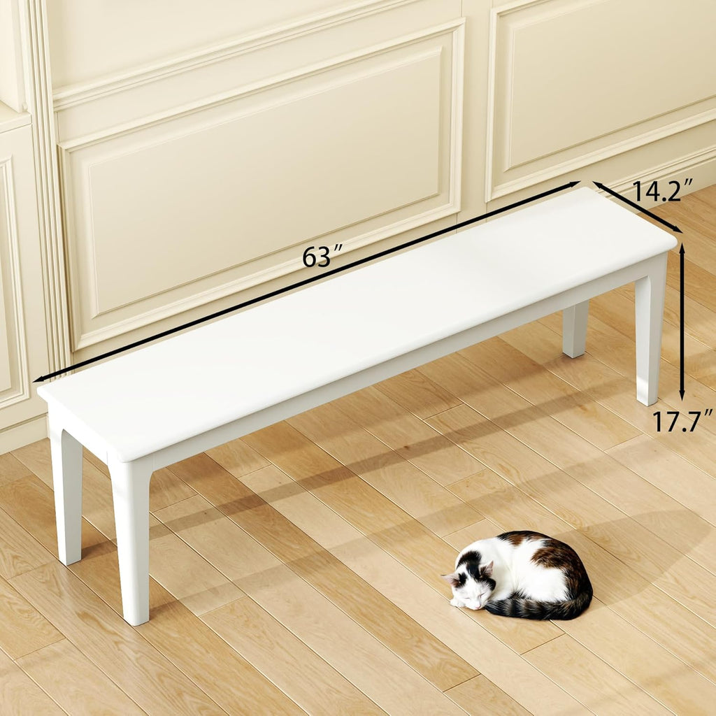 Dining Bench 63" Wood Solid Oak Wooden Bed End/Entryway Bench for Bedroom Living Room Kitchen(White)