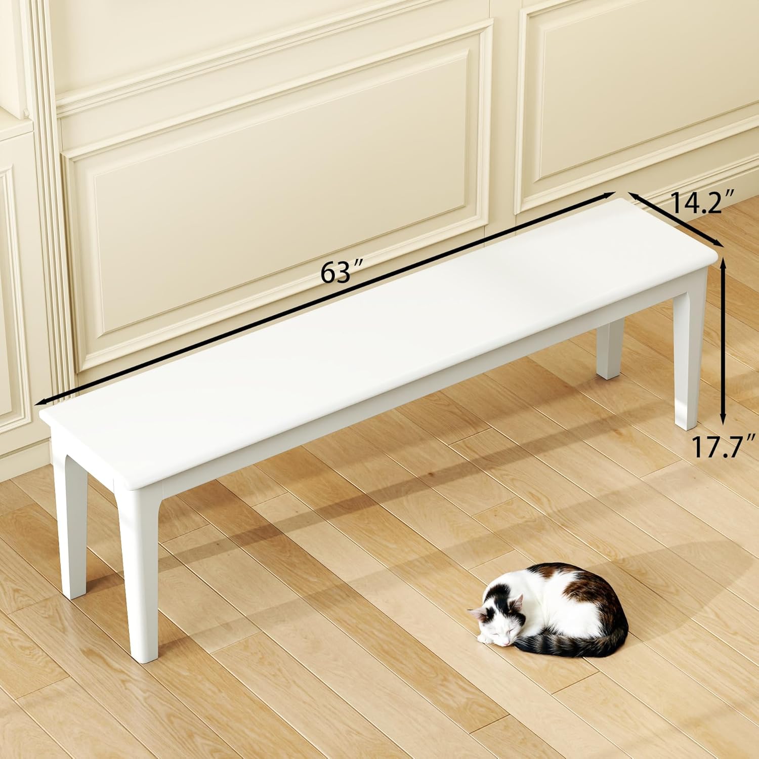 Dining Bench 63" Wood Solid Oak Wooden Bed End/Entryway Bench for Bedroom Living Room Kitchen(White)