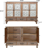 LKTART 59" French Country Vintage Sideboard Buffet Cabinet with Embossed Floral Metal Doors and Solid Wood Frame, Retro Storage Cabinet for Kitchen, Living Room,Natural Wood