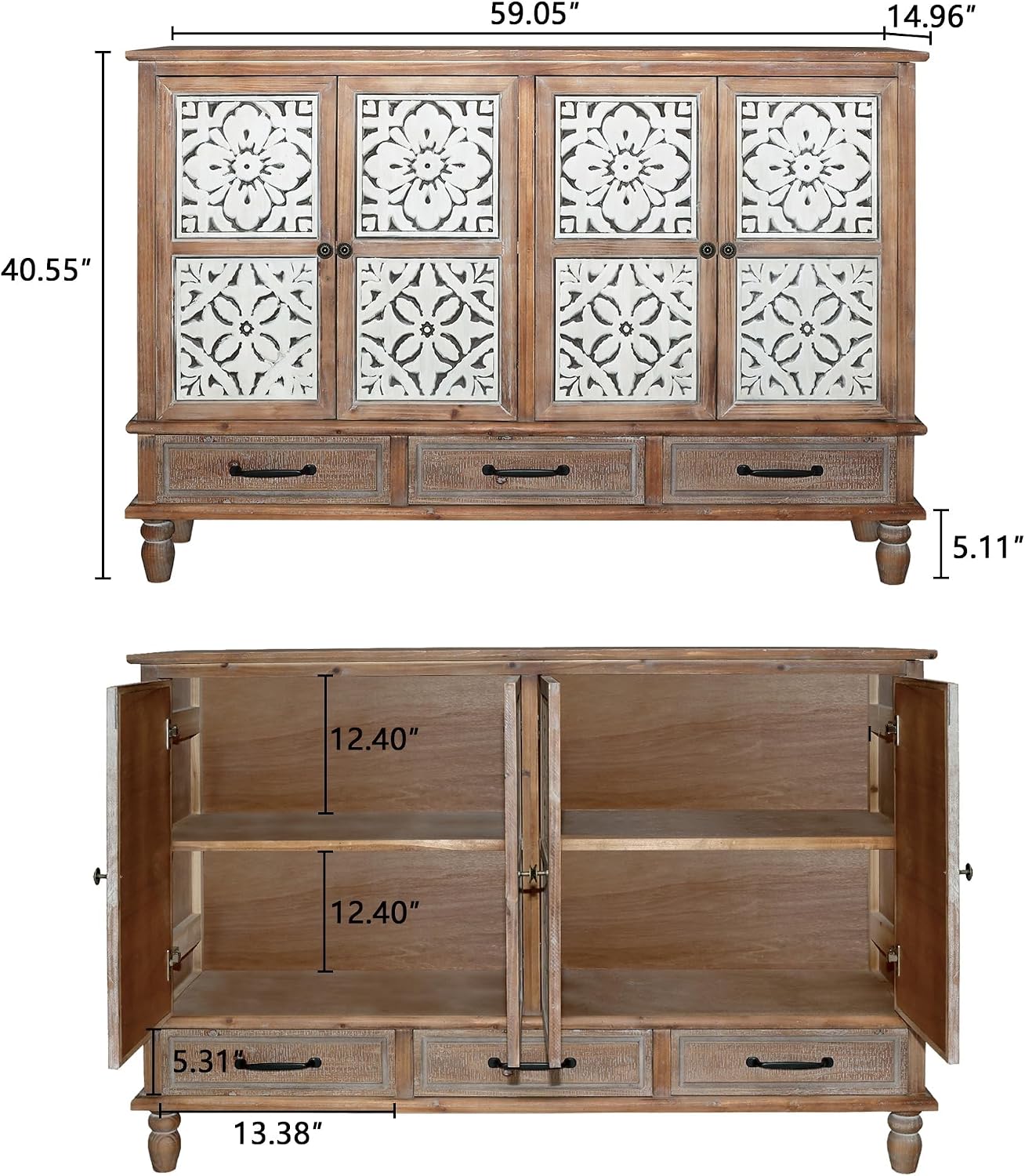 LKTART 59" French Country Vintage Sideboard Buffet Cabinet with Embossed Floral Metal Doors and Solid Wood Frame, Retro Storage Cabinet for Kitchen, Living Room,Natural Wood