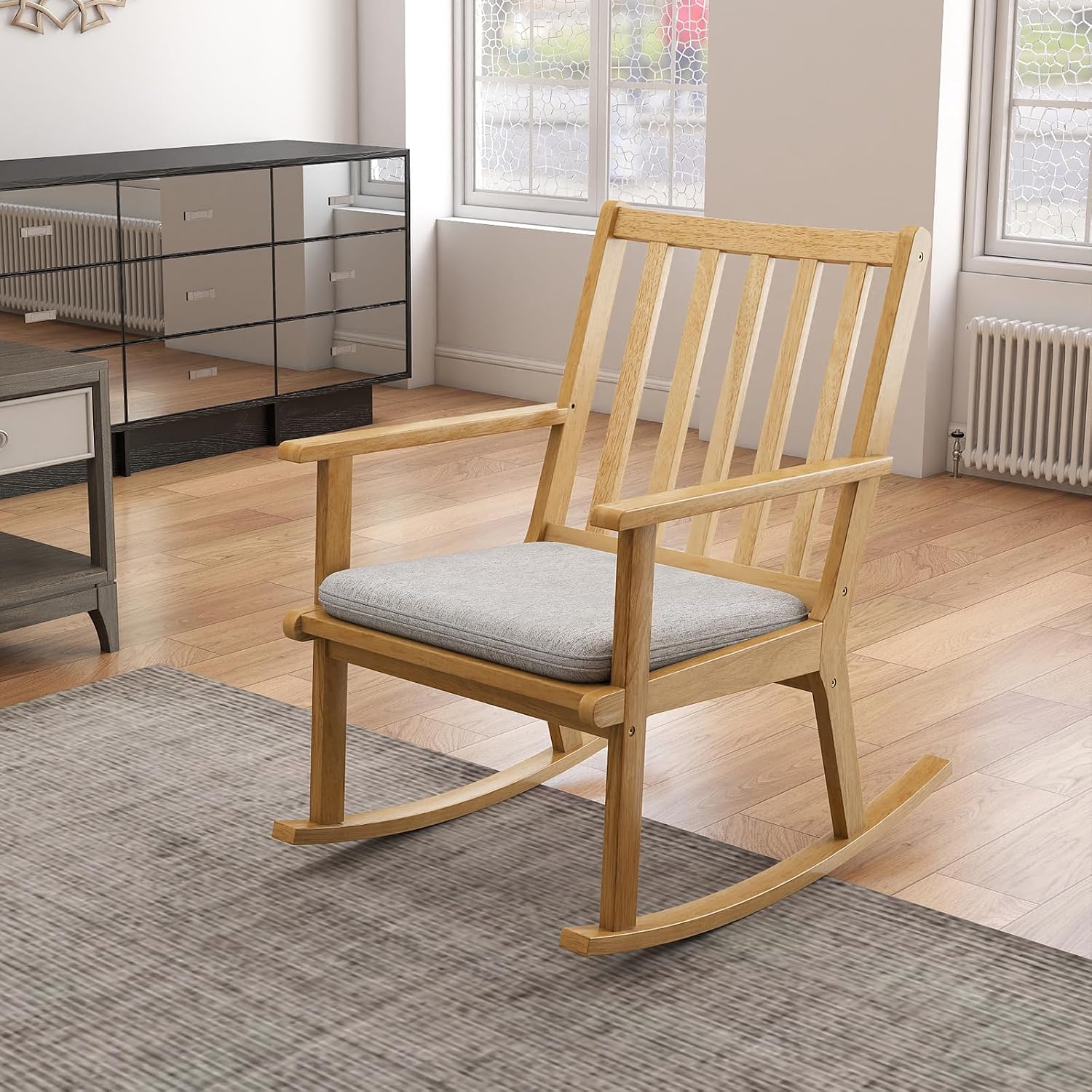 GOFLAME Wooden Rocking Chair, Accent Rocker Chair with Rustic Rubber Wood Frame, Removable Cushion and Ergonomic Slatted Backrest, Indoor Armchair for Nursery, Living Room, Bedroom