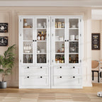 71" Tall Kitchen Pantry Cabinet - Modern Display Storage Cabinet with 2 Large Drawers, Glass Doors, and Adjustable Shelves, Farmhouse Kitchen Cupboard for Dining Room, Bathroom, Living Room, White
