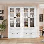 Modern Farmhouse Kitchen Pantry Cabinet with Glass Doors – 72" Tall, 2 Large Drawers, Adjustable Shelves, Versatile Storage Sideboard for Dining Room, Living Room, or Bathroom – White