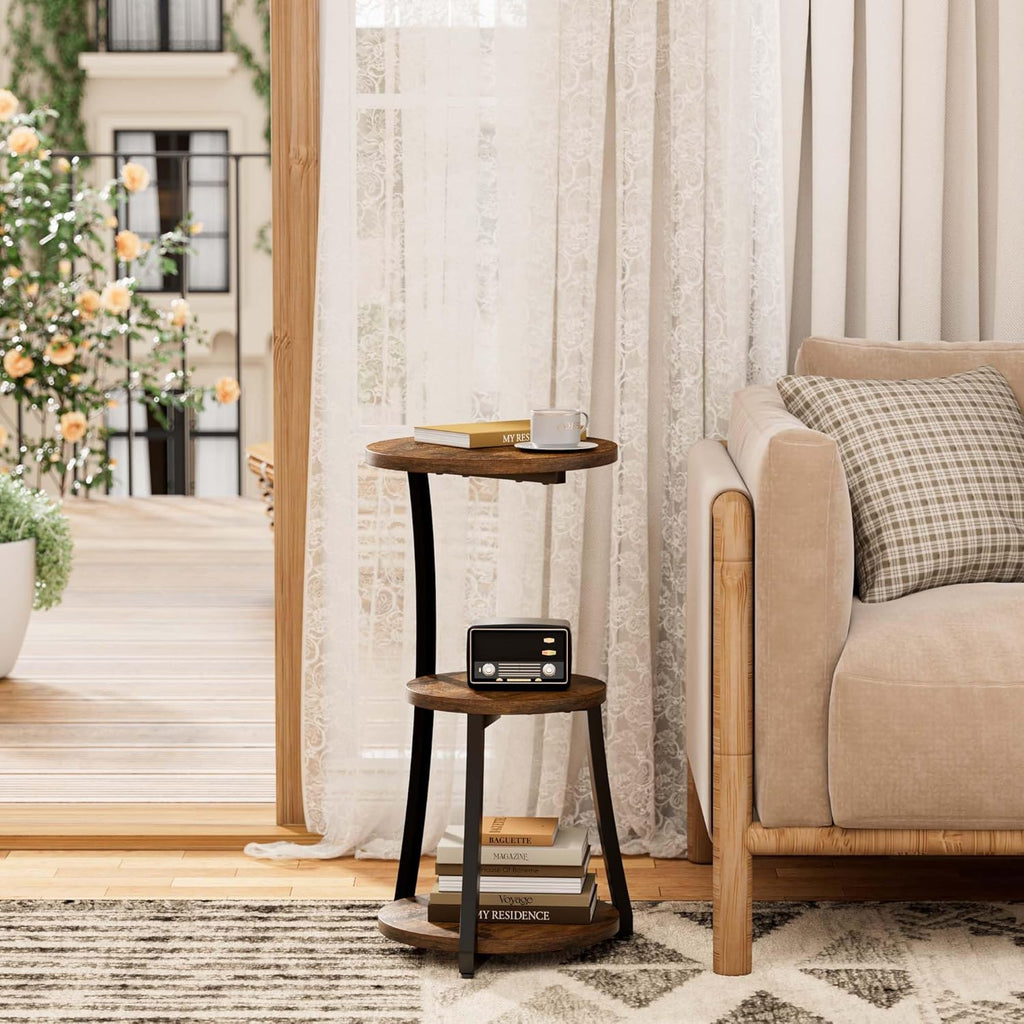 Small Side Table, 3-Tier Round End Table for Small Spaces, Vintage Accent Table for Living Room Sofa Couch Bedroom, 11.8" Corner Nightstand Wood Metal Coffee Table with Storage Shelf, Rustic Brown