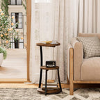 Small Side Table, 3-Tier Round End Table for Small Spaces, Vintage Accent Table for Living Room Sofa Couch Bedroom, 11.8" Corner Nightstand Wood Metal Coffee Table with Storage Shelf, Rustic Brown