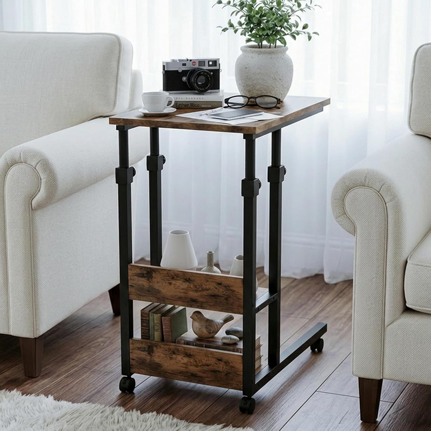 Gyfimoie C-Shaped End Table with Wheels, Side Table Adjustable Height, TV Tray Table with Metal Frame, Sofa Table for Small Spaces Living Room, Bedroom, Rustic Brown