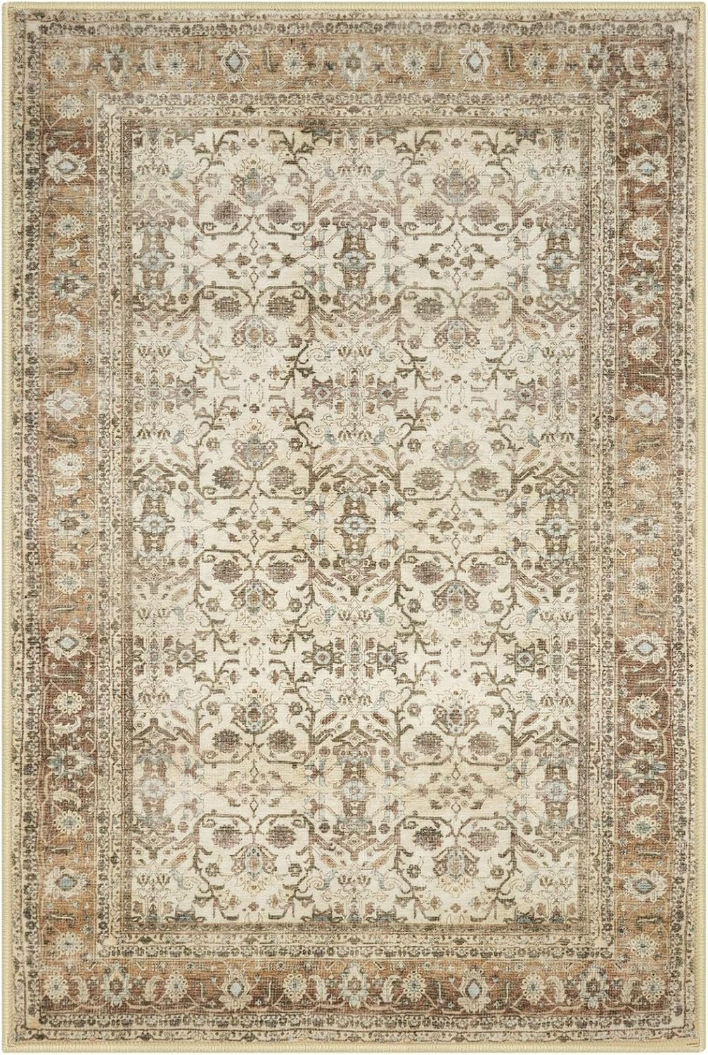 SIILOOM 2x3 Washable Rug Soft Area Rug for Entryway, Beige Brown Non-Slip Indoor Door Mat Tribal Floral Low-Pile Kitchen Rugs, Vintage Tribal Carpet for Entrance Kitchen Farmhouse