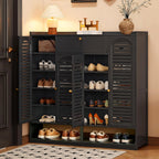 Shoe Cabinet with Louvered Doors, Freestanding Entryway Shoe Storage Cabinet with Drawer & Open Compartment, Modern Bamboo Shoe Rack Organizer with Thickened Adjustable Shelves for Closet
