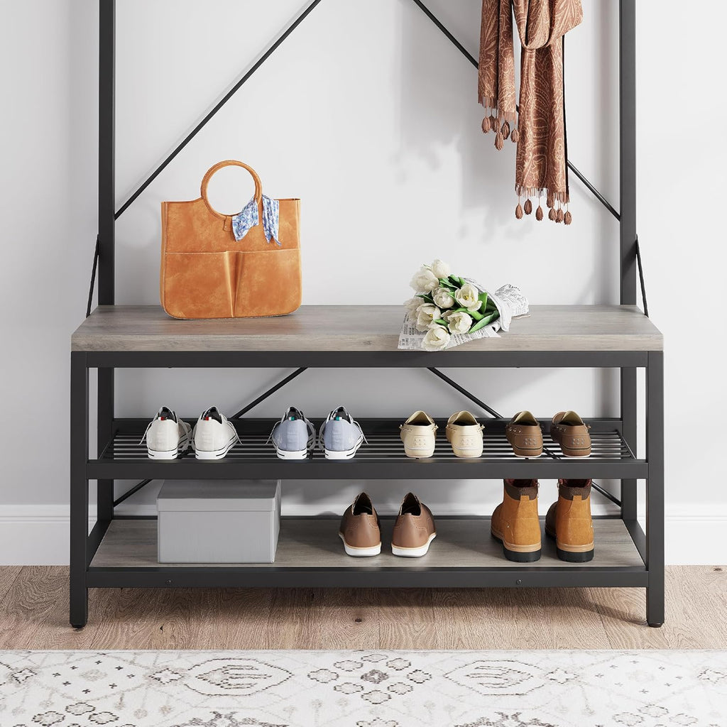 39.9" Industrial Hall Tree Coat Rack, with Bench & Shoe Storage, Entryway Organizer with 8 Sturdy Hooks & Hanging Bar, Large Shoe Rack with Storage Shelf, Steel Frame, Farmhouse Wood Look Accent, Grey