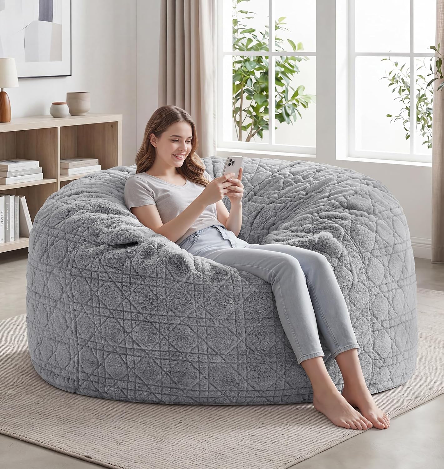 5FT Bean Bag Chair Oversized Bean Bags for Adults Large Bean Bag Beanbag Chair Washable Cover Quilted Plush Bean Bags Giant Memory Foam Bean Bag Chairs for Adults Pocket Bedrooms Living Room (Grey)