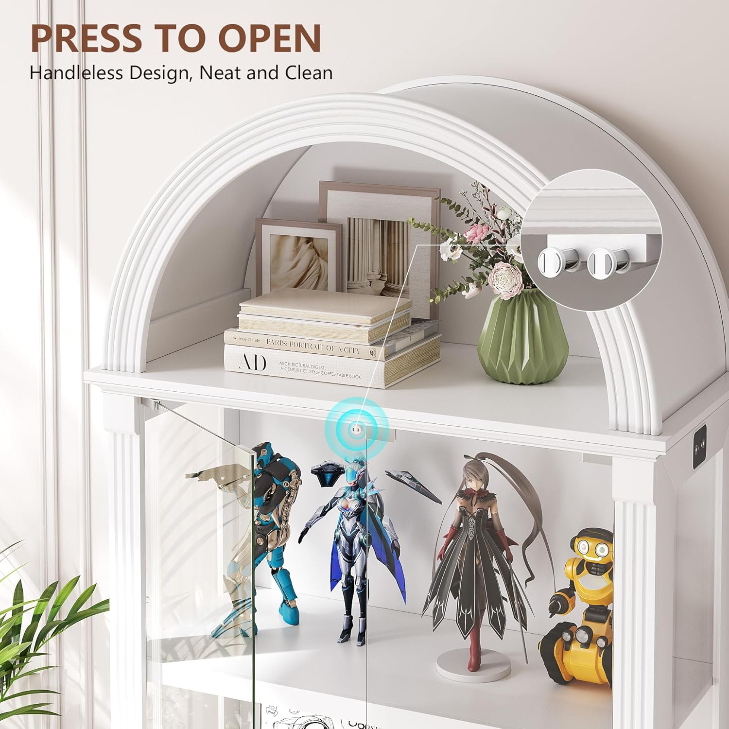 Dystler Lighted Display Cabinet with Glass Doors, 72" Tall Curio Cabinet - 4 Tier Display Case with Human Sensor Lights, Bookcase for Collectibles Toys Books, White