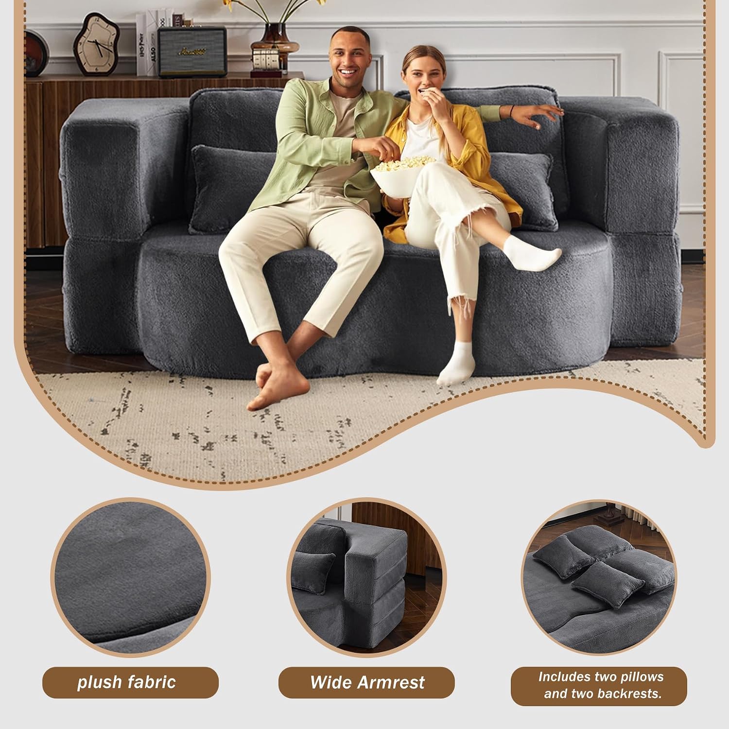 78" Plush Fabric Folding Floor Sofa Couch Bed,Convertible Folding Sofa Bed, Full Size Love Seat Sleeper Bed with 4 Pillows for Living Room Apartment Office (Plush Fabric+Gray)