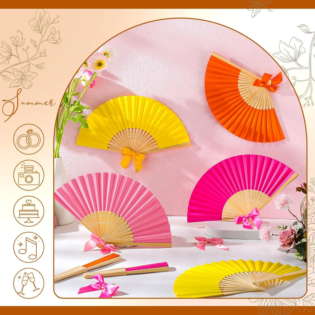 Beeveer 48 Pcs Paper Folding Hand Fans Bulk, 8.3 Inch Handheld Bamboo Multicolored Paper Fans with 3.3 Inch Premade Twist Tie Bows for Wedding Party Favors Bridal Shower Gift DIY Decor (Bright Colors)