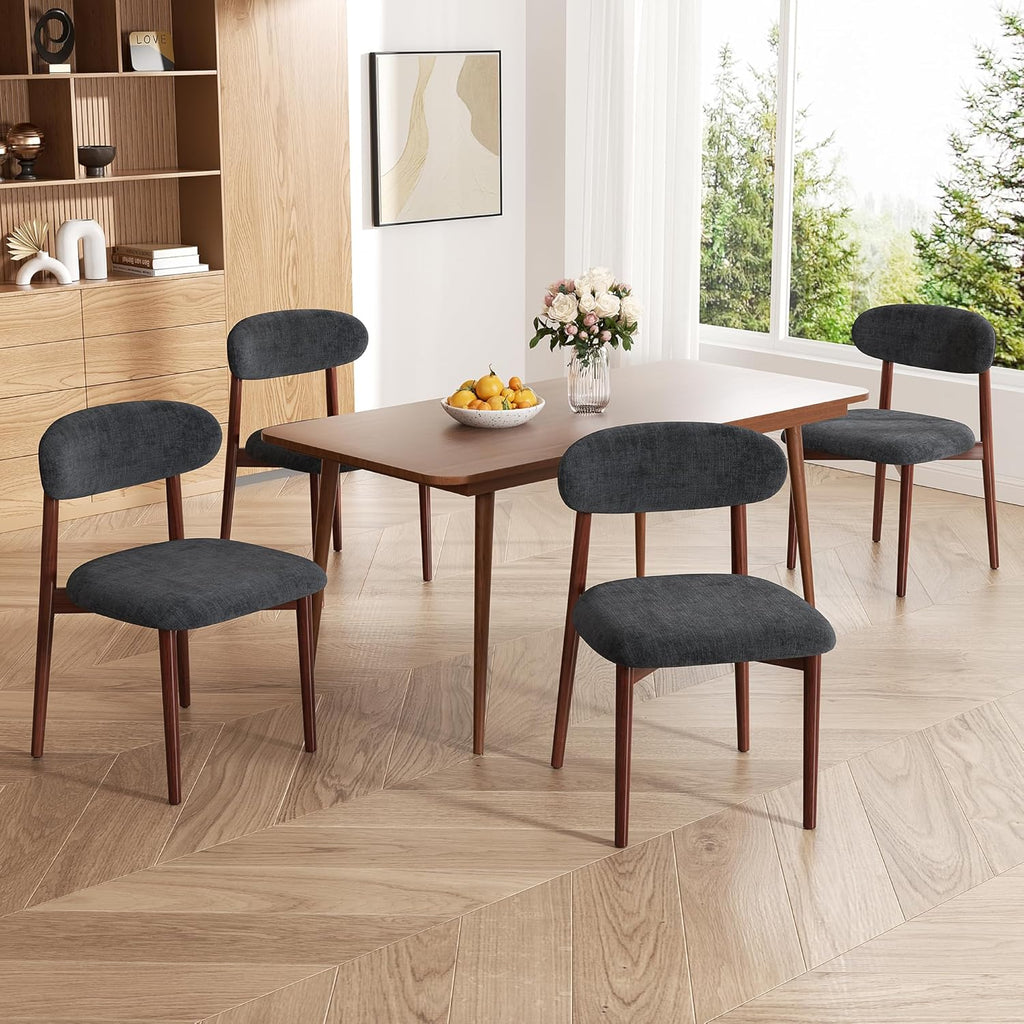 Wooden Dining Chair Set of 4, Modern Dining Chairs with with Curved Back, Fabric Upholstered Kitchen Room Chairs with Adjustable Legs for Farmhouse Dining Living Room,Dark Grey