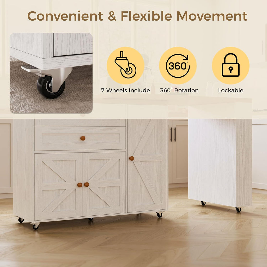 IRONCK Kitchen Island with 360° Swivel Table, 23.6 in Depth Mobile Kitchen Cart with Cabinet, Spice Rack and Drawers, White