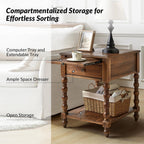 HULALA HOME Spindle Nightstands with Charging Station, Solid Wood Nightstand with Drawer Shelf, Side Table with Pull-Out Shelf (2, Walnut)