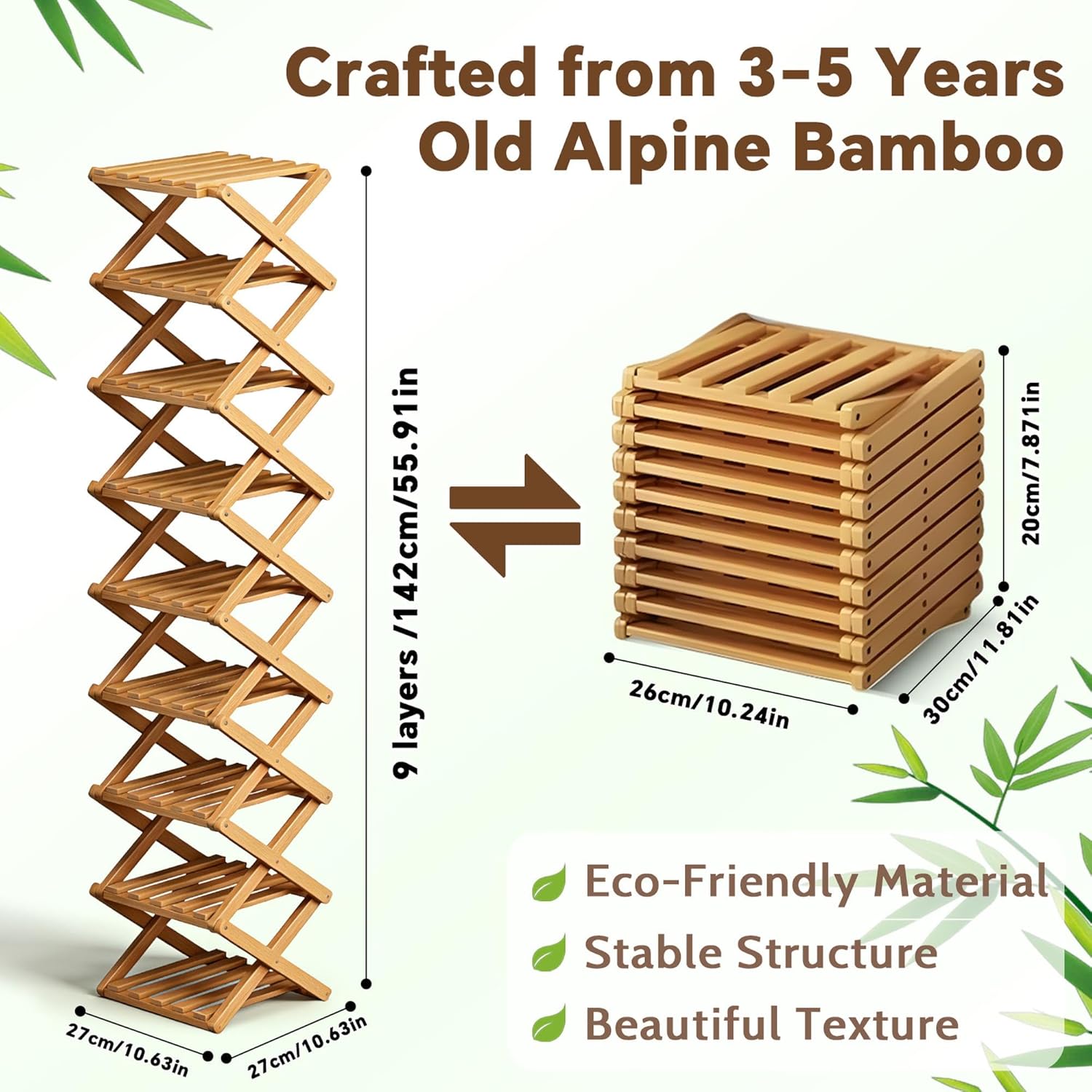 9 Tier Bamboo Shoe Rack, Foldable Narrow Shoe Organizer, Space Saving Vertical Shoe Storage Shelf Tower, No Assembly Eco-Friendly Wooden Shoe Rack for Closet & Entryway, Small Spaces (Bamboo, 9)