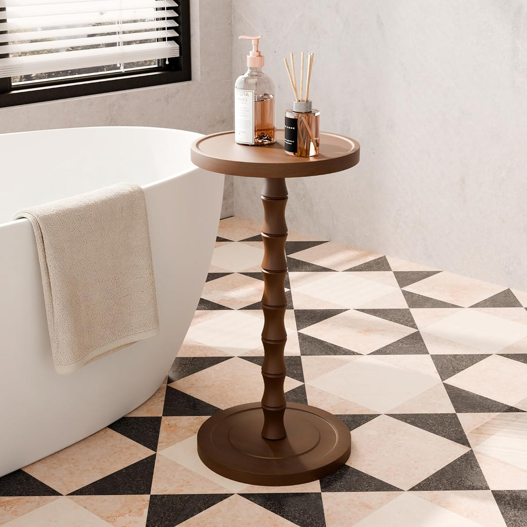 Small Round Side Table, Rubber Wood‌ End Table for Small Spaces, Modern Accent Tables, Solid Wood Drink Tables for Living Room, Bathroom, Bedroom, Couch (Dark Walnut, 11.8 inch)