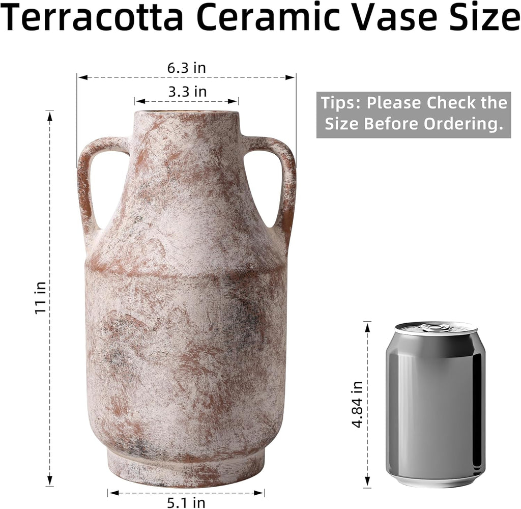 Ceramic Flower Vase with Handles, 11 in Tall Rustic Farmhouse Pottery Vases Decorative Large Vases for Living Room Entryway Kitchen Table Centerpieces Home Decor,Neutral