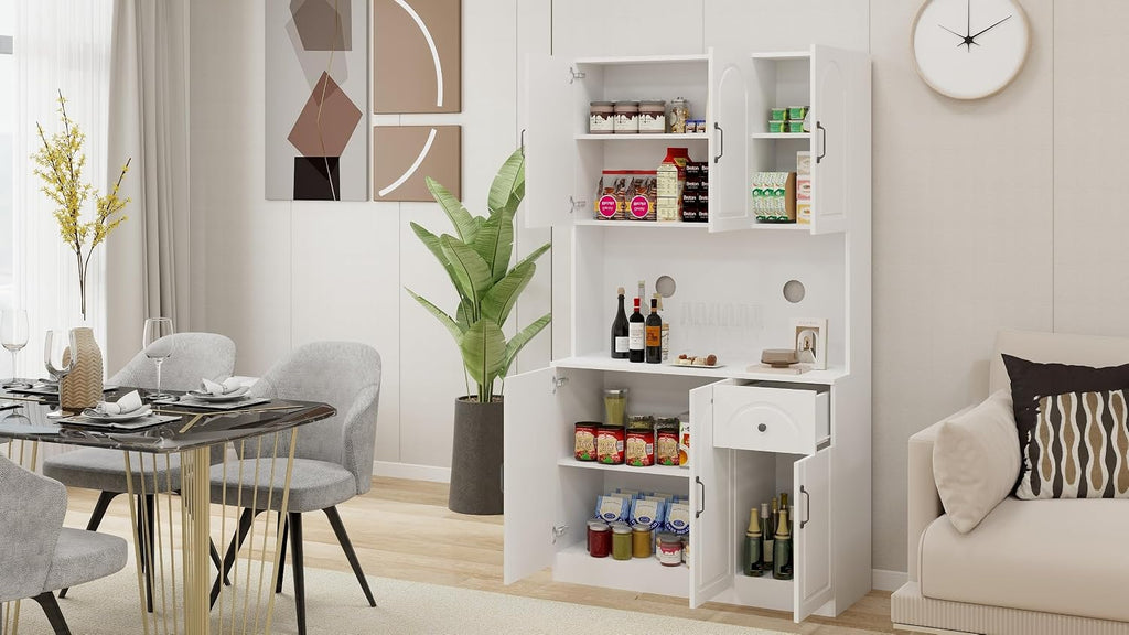 71" Tall Kitchen Pantry Storage Cabinet, Modern Kitchen Hutch Cabinet with Doors and Shelves, Freestanding Food Snacks Wine Buffet Counter for Dining Room, Living Room, White