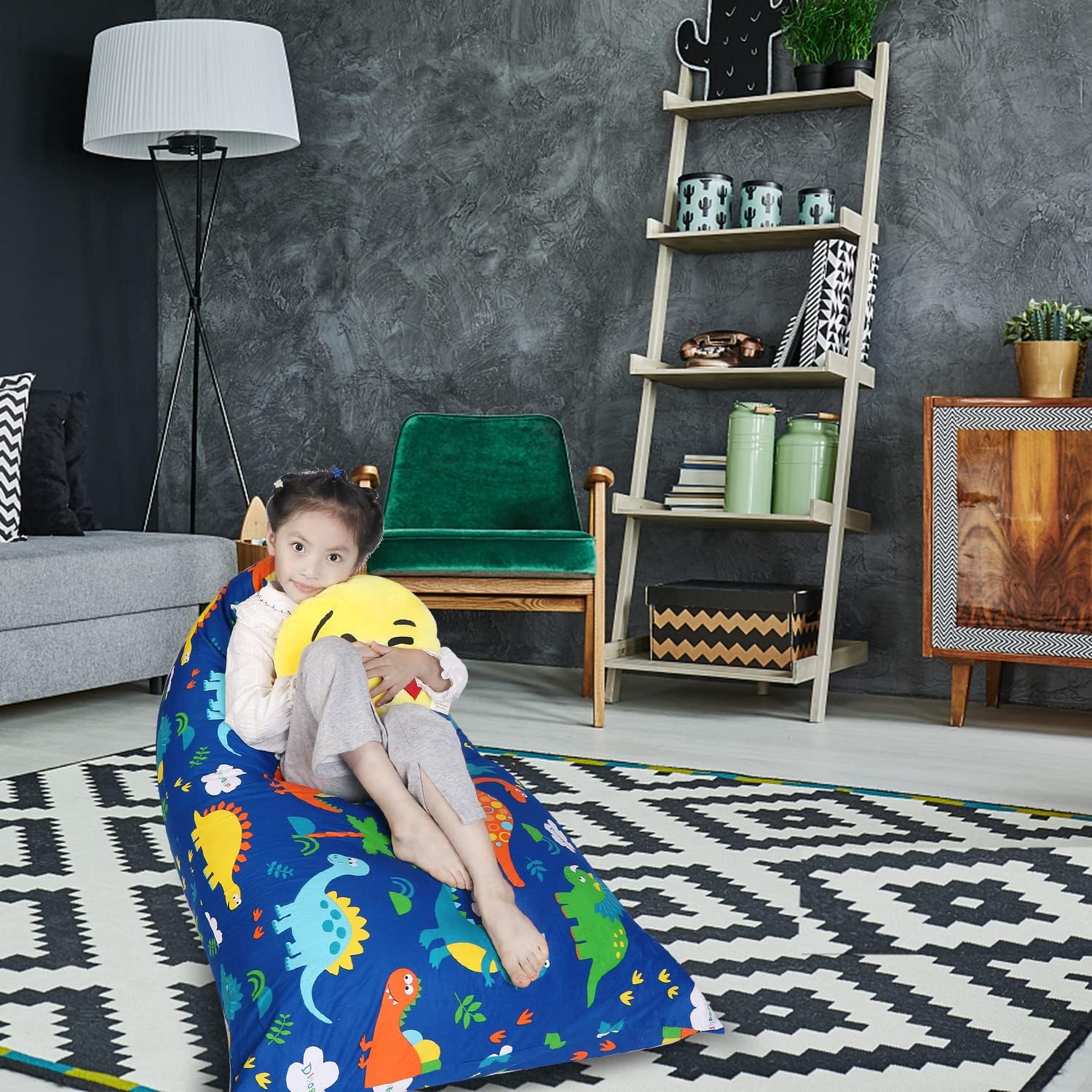 LOLOMLO Stuffed Animal Storage Bean Bag Chair Cover, Cotton Blue Dinosaur Plush Toy Storage Stuff and Sit Seat for Kids/Teens/Adults, 52" x 31" Extra Large Triangle Floor Sofa, 200L/52Gal, Cover Only