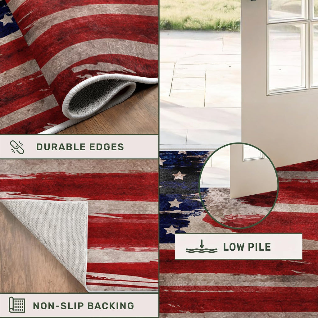 Vintage American Flag Runner Rug, 2x5ft, Soft Machine Washable Non-Slip Long Rug Runners for Hallways, Blue Red White Star Stripe Flag Independence Day Carpet for Indoor Entrance Dining Kitchen