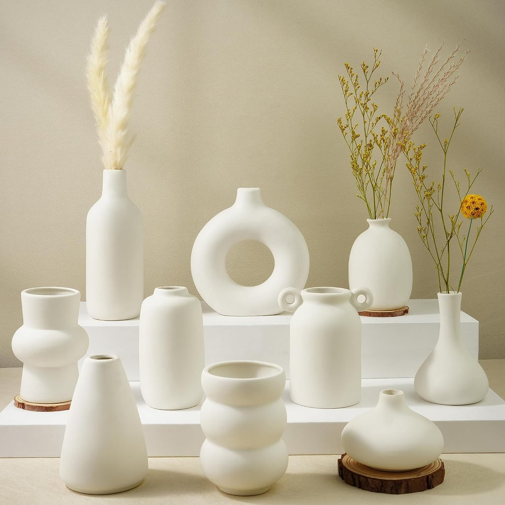 Small White Ceramic Vase Set of 10 Ceramic Bud Vases in Bulk Modern Farmhouse Boho VaseS for Pampas Grass, Flowers, Decorative Ceramic White Flower Vases for Home Decor, Entryway Table Decor