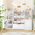 FINETONES 55” Toy Storage Organizer with 6 Toy Bins, 5-in-1 Large Kids Bookshelf with Movable Chests and 2-Tier Shelf Door, Toy Organizers and Storage Playroom Storage with Drawer, White