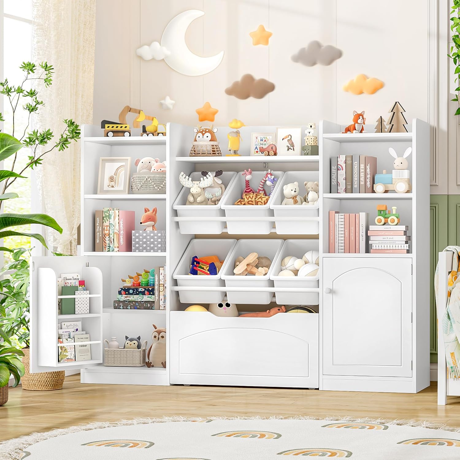 FINETONES 55” Toy Storage Organizer with 6 Toy Bins, 5-in-1 Large Kids Bookshelf with Movable Chests and 2-Tier Shelf Door, Toy Organizers and Storage Playroom Storage with Drawer, White