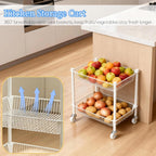 2 Tier Small Utility Cart on Wheels Short Rolling Pantry Cart Thick Metal Wire Basket Stand, Fruit Vegetables Storage Rack for Kitchen, Under Desk Storage for Small Space Bathroom Laundry, White