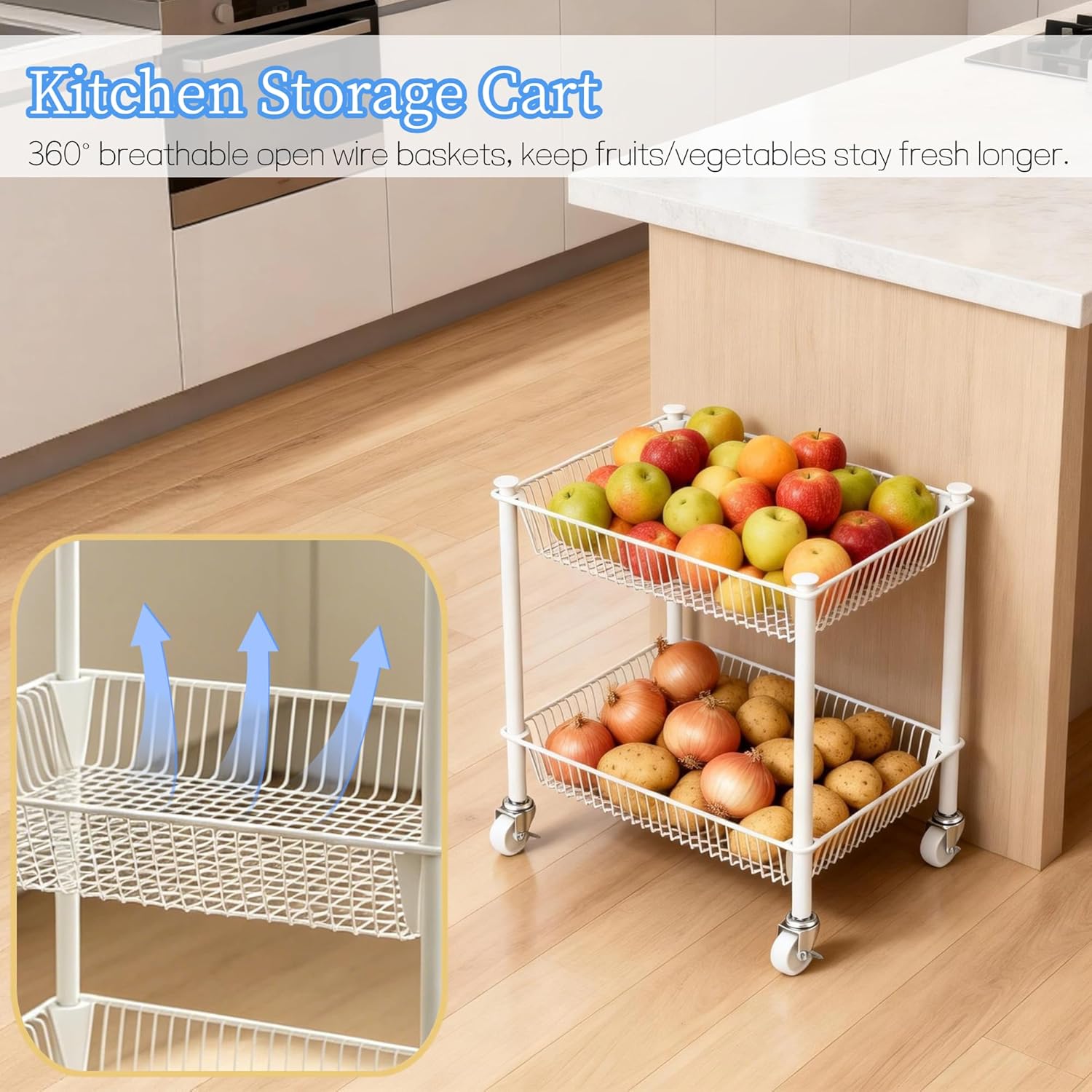 2 Tier Small Utility Cart on Wheels Short Rolling Pantry Cart Thick Metal Wire Basket Stand, Fruit Vegetables Storage Rack for Kitchen, Under Desk Storage for Small Space Bathroom Laundry, White