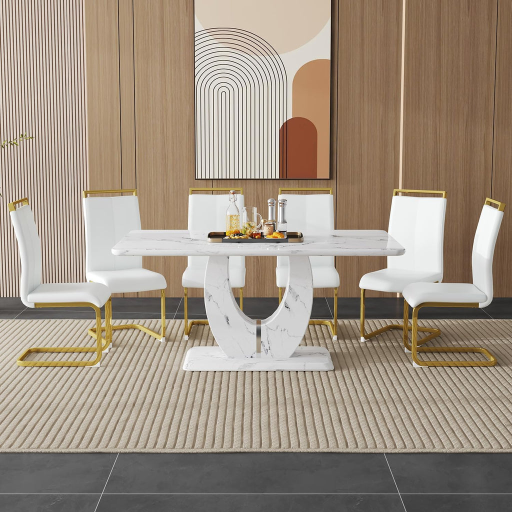 63" Dining Table Set for 6, White Faux Marble Table with 6 PU Leather Upholstered Chairs, Modern Rectangle Kitchen Table & 6 Seater Dining Room Furniture Set for Family Gatherings
