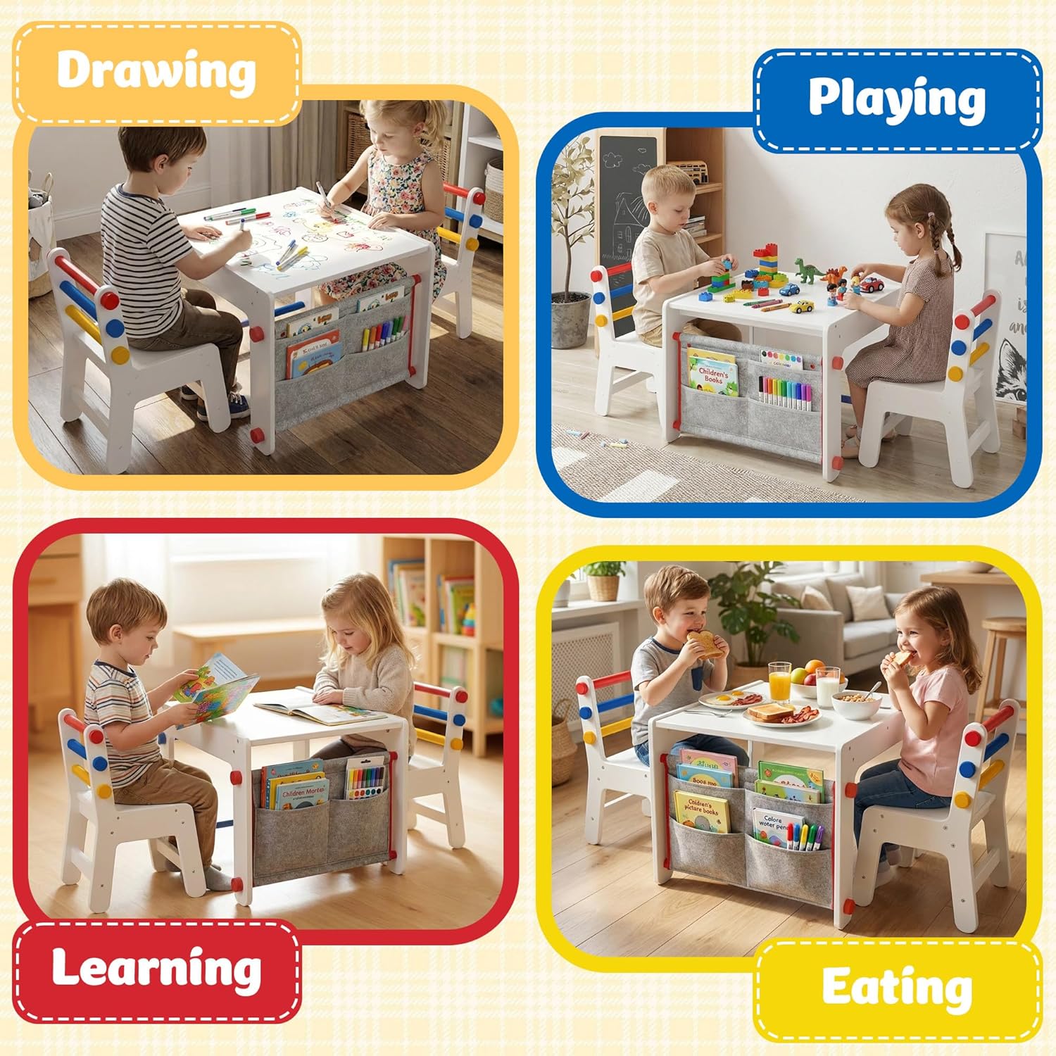 DOREROOM Wooden Kids Table and Chairs Set – 4-in-1 Activity Table with Removable Storage & Washable Graffiti Desktop for Drawing/Crafts/Arts/Reading, Toddler Desk for Home, Playroom, Ages 3+, White