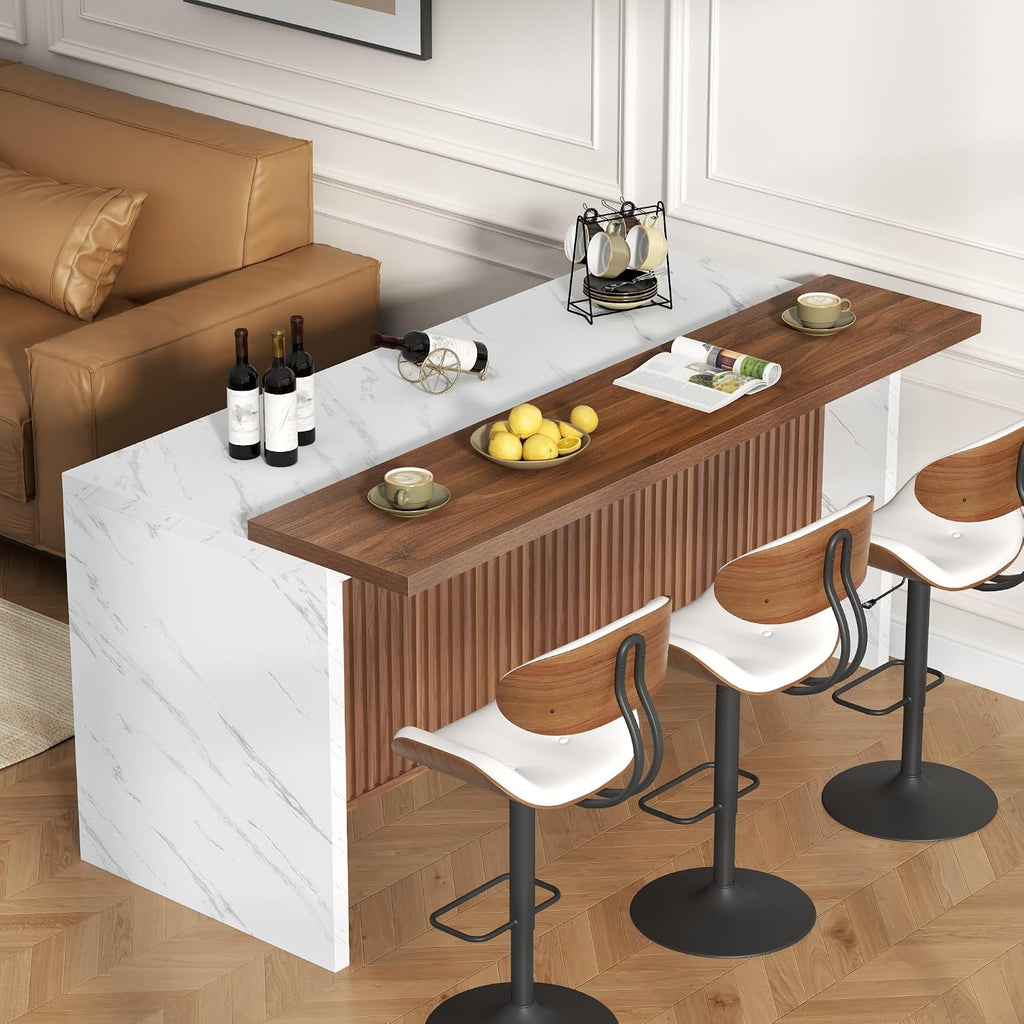 Gyfimoie 71" Large Imitation Marble Bar Table,Island Table with LED Lights | Mordern Marble Stripes Dining Table with Grille Design for Home Kitchen, Living Room, Balcony, Basement (White+Brown)