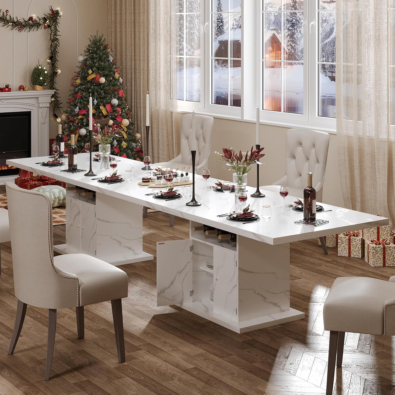 Extendable Dining Table for 4-6, 47-63 Inch Rectangle Kitchen Dining Table with Storage, Expandable Modern Rectangle Dinner Table with Faux Marble Top for Kitchen, Dining Room, White Faux Marble