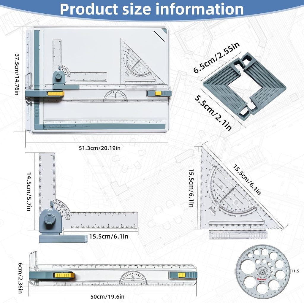 A3 Drawing Board Drafting Table Multifunctional Drawing Board Table with Clear Rule Parallel Motion and Angle Adjustable Measuring System, Inch