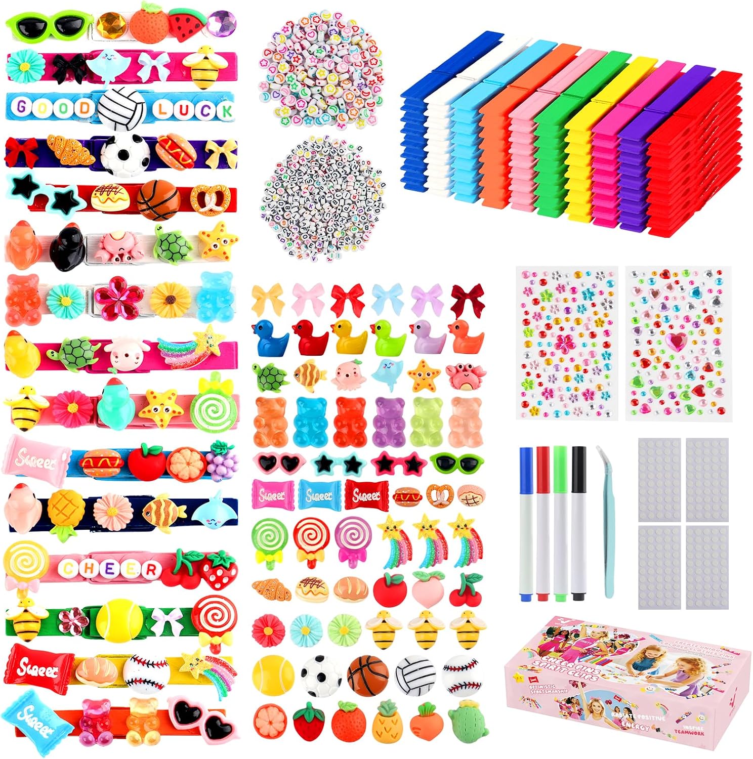 Cheer Pins Spirit Clips,80 Wooden Colored Clothes Pins with 120 Mini Resin Charms Bows Sticker,400 Letter Beads,200 Self-Adhesive Dots,Cheer Pin kit for Ribbon Team Classroom Cheerleading Gifts Bulk