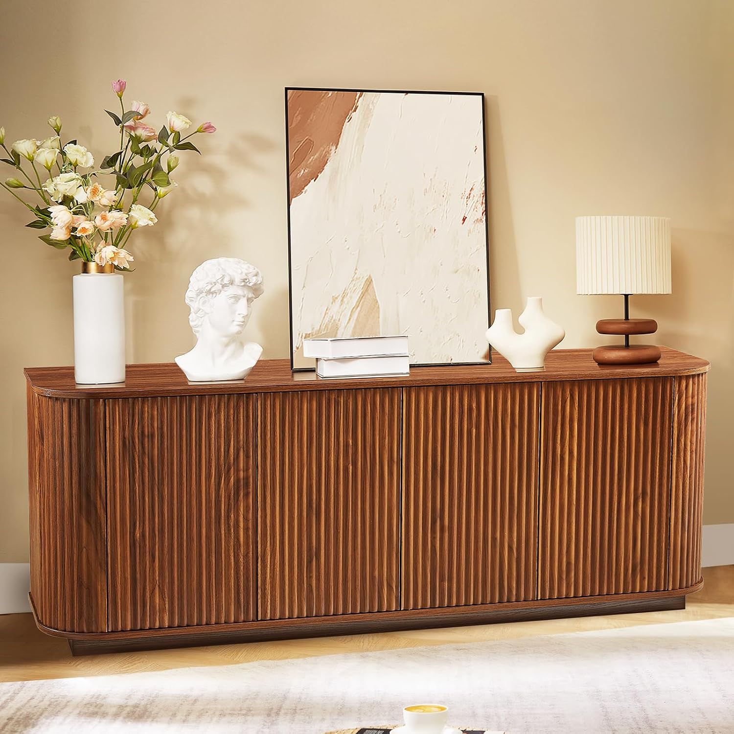64'' Sideboard Buffet Cabinet, Wood Entertainment Center Modern TV Stand, Media Console with 4 Cabinets for Storage, Television Stands Coffee Bar for Living Room, Dining Room, Entryway