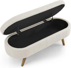 Mid-Century Modern Storage Ottoman Bench, Cream Boucle Upholstery, Oval Shape, Wood Legs, Bedroom Entryway