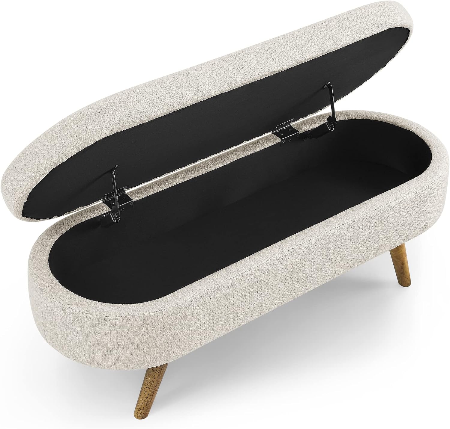 Mid-Century Modern Storage Ottoman Bench, Cream Boucle Upholstery, Oval Shape, Wood Legs, Bedroom Entryway
