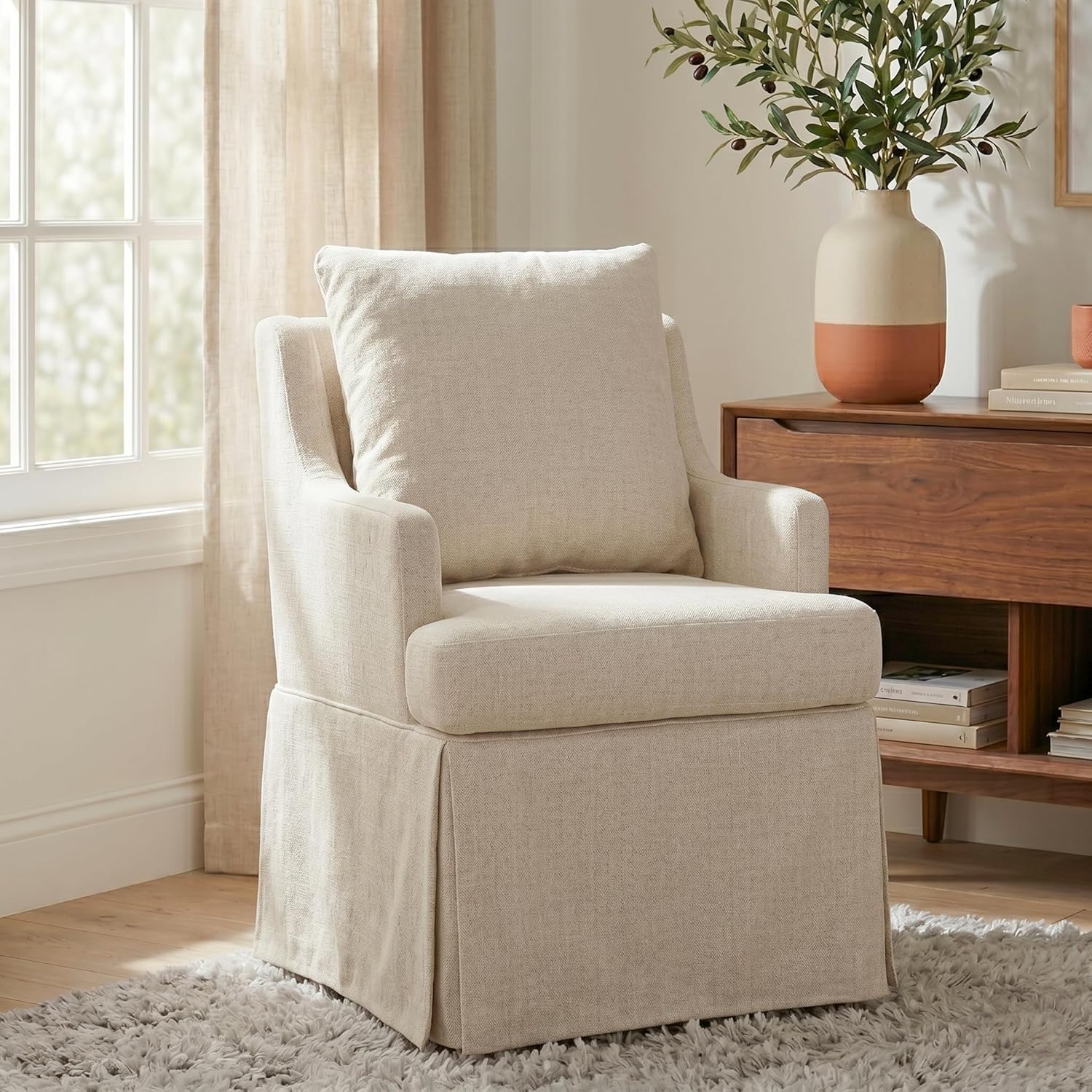 UVV Upholstered Dining Chairs Set of 2, Modern Kitchen Chair Dining Room Chair with 4 Casters, Linen Armchair for Bedroom Reading Room Living Room, Beige