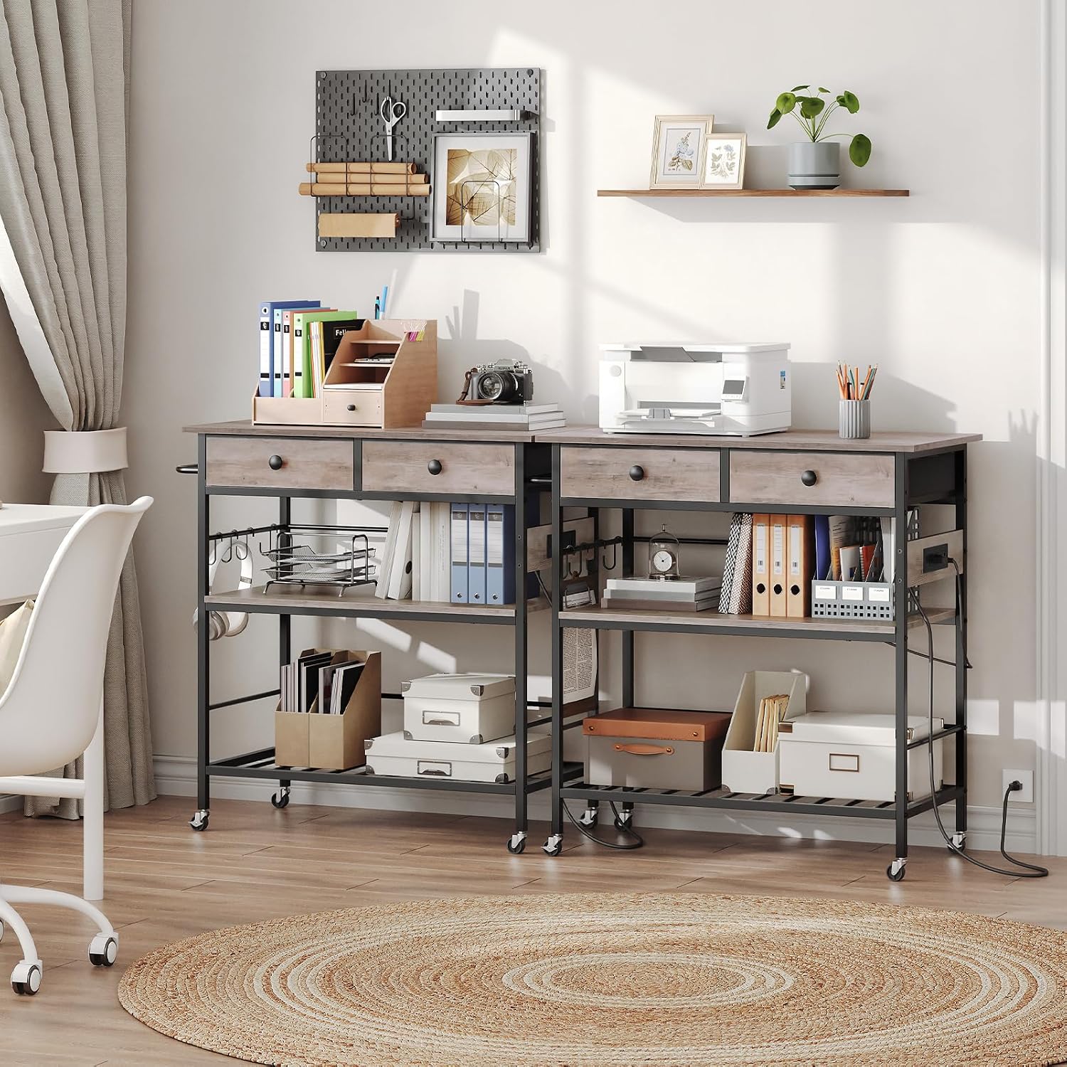 HOOBRO Kitchen Island with Storage, Rolling Island Cart for Kitchen with 2 Drawers & Outlet, 3 Tier Coffee Station and Microwave Stand, Kitchen Island Table for Home, Greige BG08UZD01