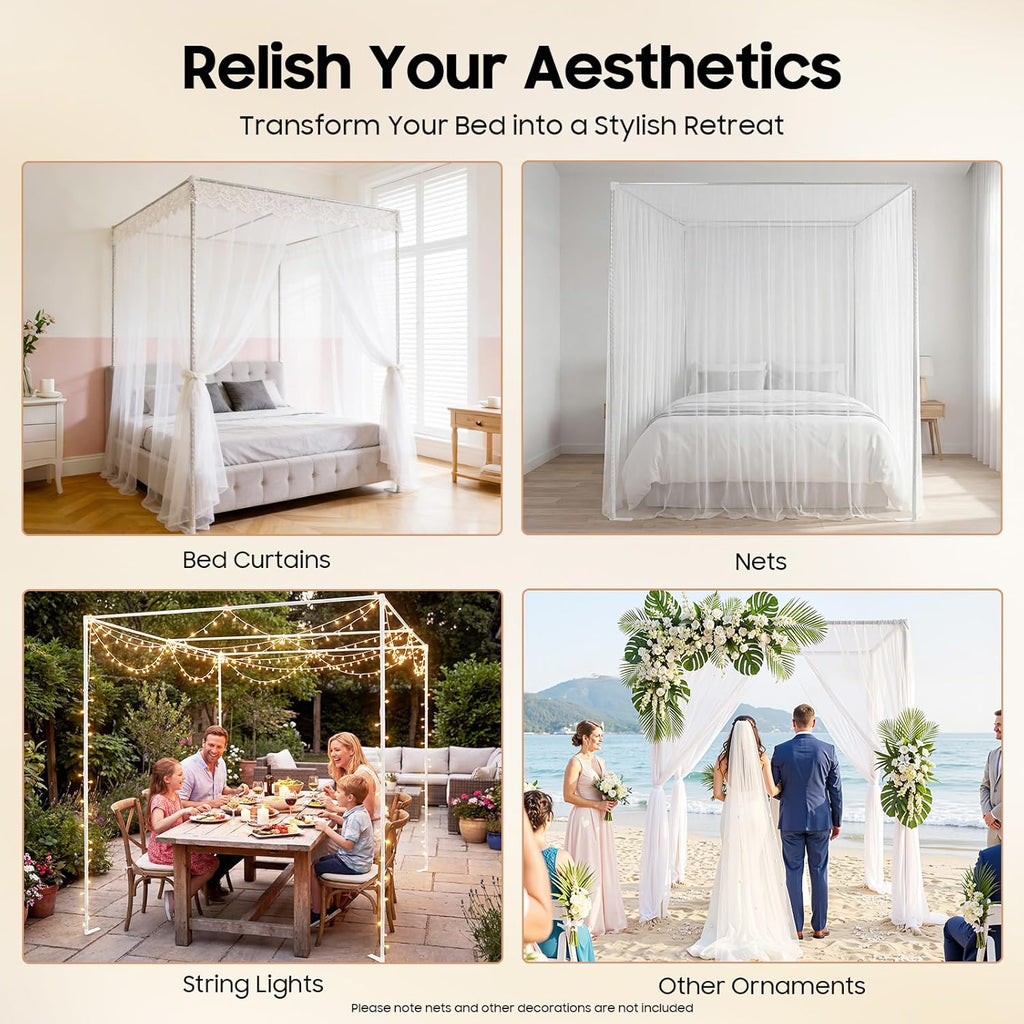 Stainless Steel Canopy Poles for Bed Silver Floor-Standing Canopy Bed Poles, Queen Size Canopy Frame Bed Post Poles Mosquito Curtains Bracket, for Bedroom Decorative (2 x 2 x 2M)