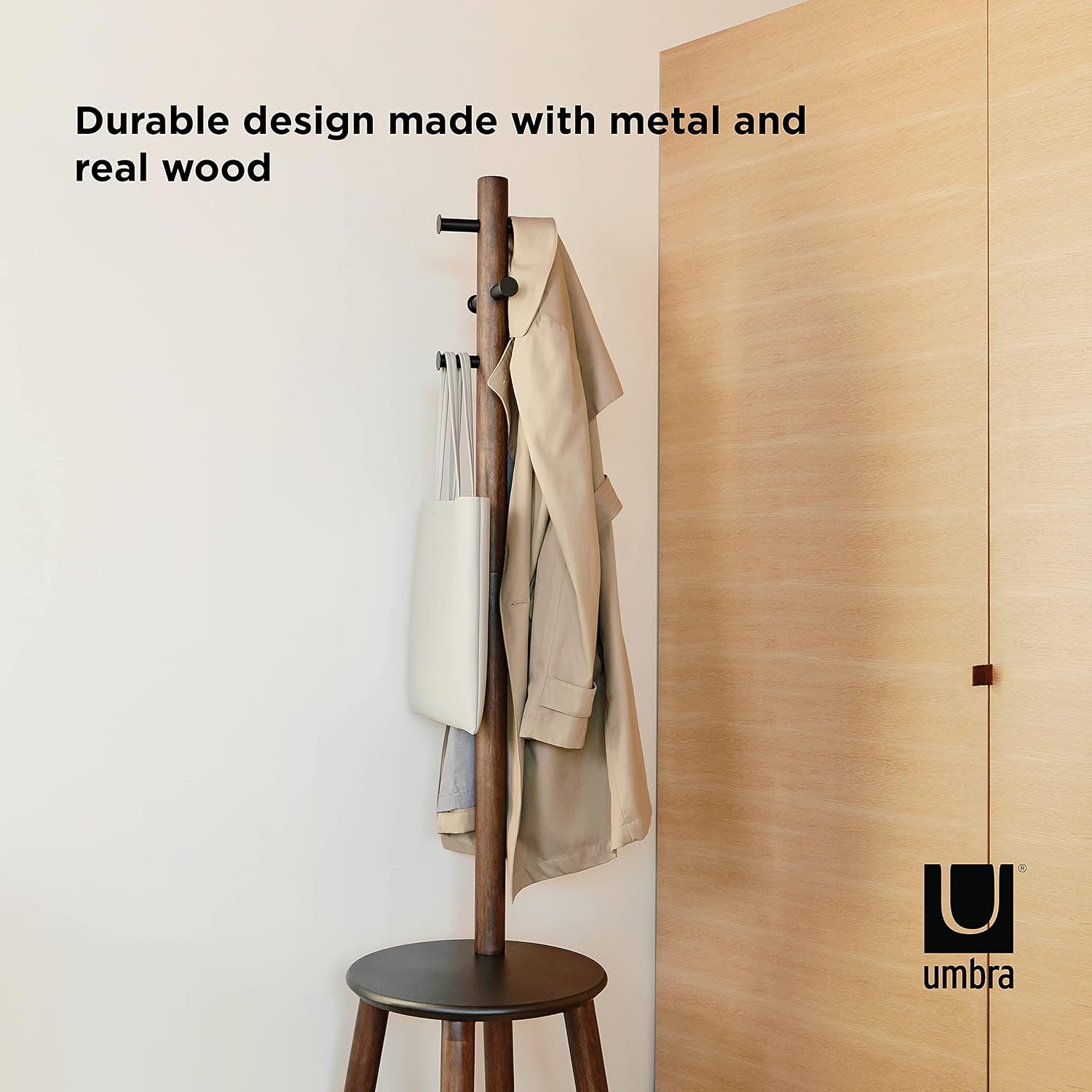 Umbra Pillar Coat Rack with Stool, Freestanding 6 Hooks, Black/Walnut | Rubberwood and metal construction, space-saving vertical design, no tools assembly, holds bags or plants
