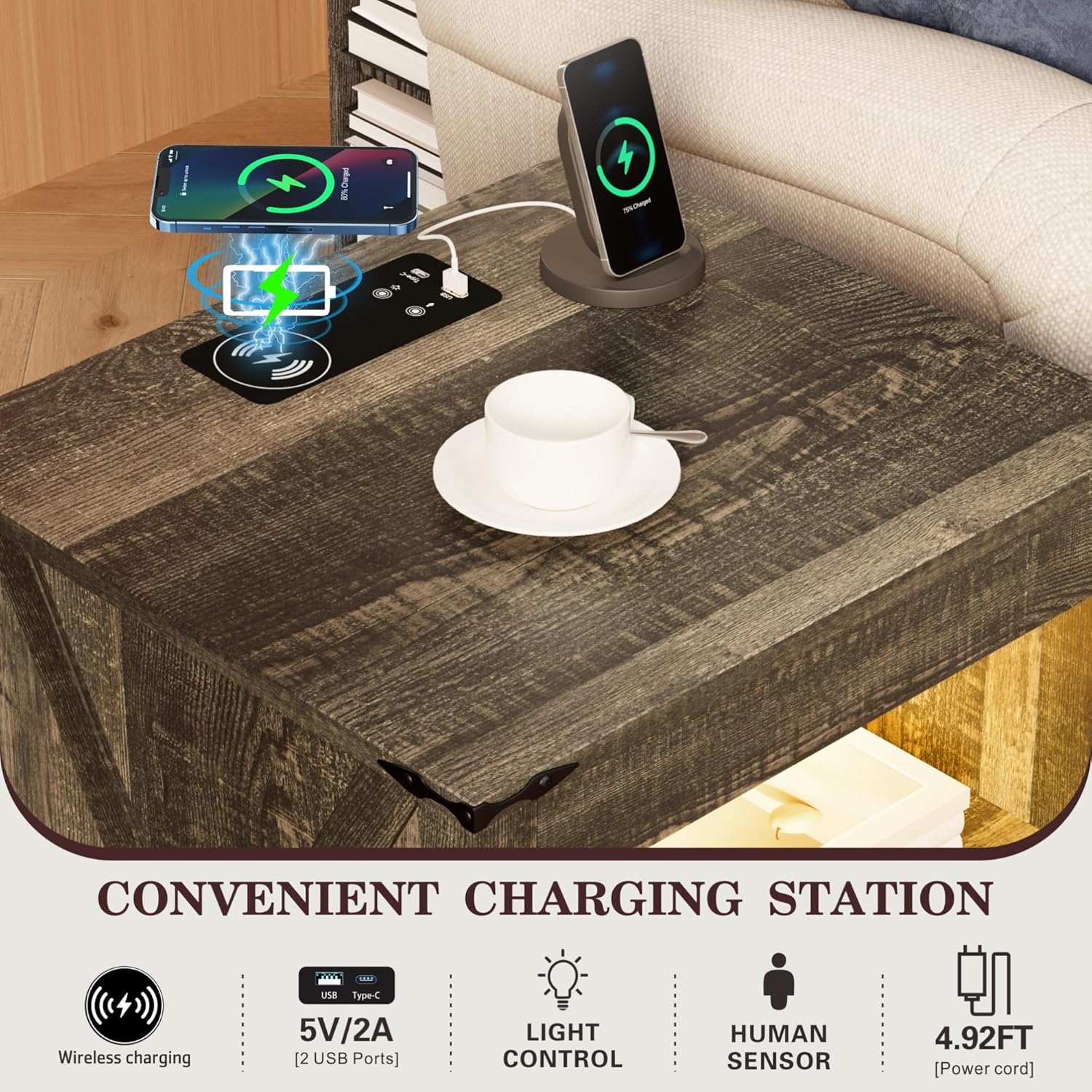 FREDEES LED Nightstand with Gun Drawer, Bedside Table with Charging Station for Bedroom Furniture, Farmhouse Night Stand with 3 Colors Smart Human Sensor Lights for Living Room End Table, Brown