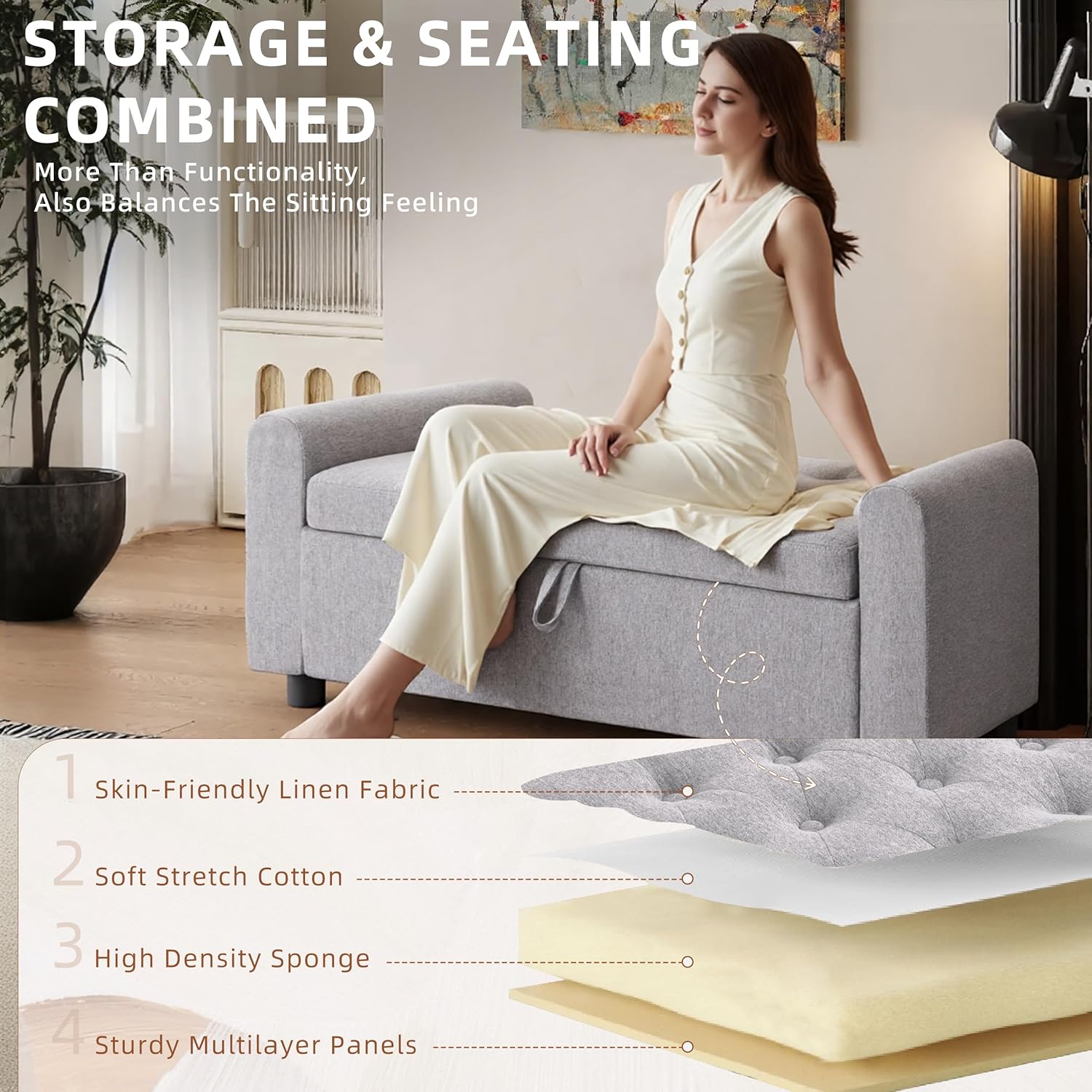 48" Ottoman with Storage, Tufted Storage Ottoman Bench, Convenient Living Room Fabrics Bench Seat, Entryway Shoe Benches with Inner Zipper & Arm, Rivetless Upholstered Window Seat Ottomans, Light Grey