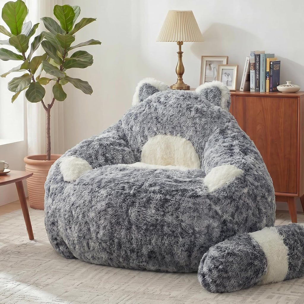 EBENCHICO Giant Bean Bag Chair for Adults Teens, Raccoon Shaped Faux Fur Bean Bag Sofa with Filler, Plush Beanbag Couch with Tail Pillow for Gaming, Reading, Bedroom, Dorm
