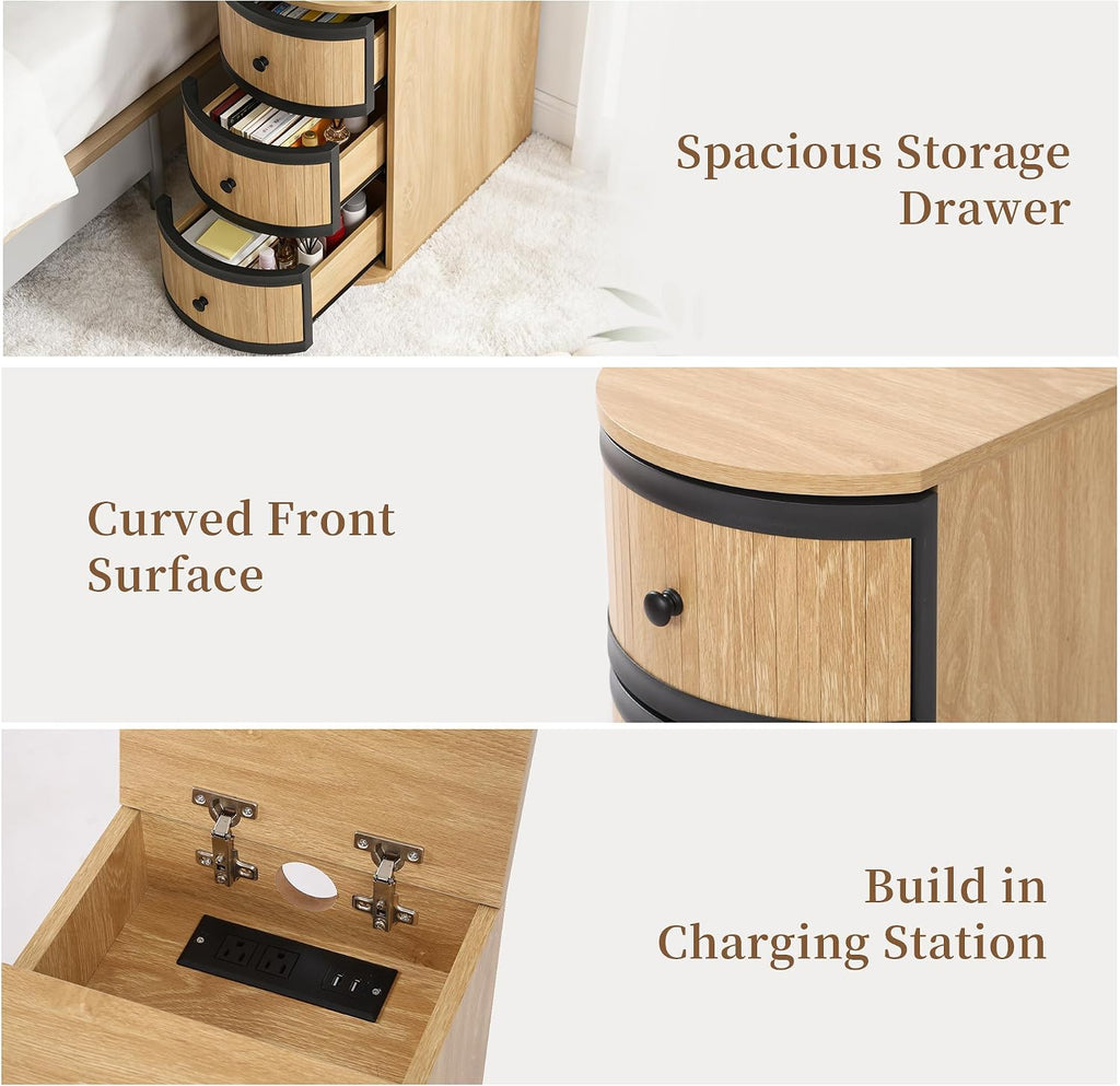 BERRYMERRY Narrow End Table Set of 2 with Charging Station, Modern Slim Nightstand Bedside Table with 3 Drawers for Bedroom Living Room, Natural, 11.81" W x 23.51" D x 23.62" H